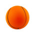 An orange stress ball shaped like a basketball, featuring textured surface and black lines. It has a logo visible.