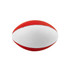A red and white stress football, featuring a smooth surface and a logo.