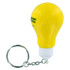 A yellow light bulb key ring with a chain attachment, featuring a branding logo.
