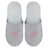 Grey felt slippers featuring a logo on the front, designed for comfort and cosy wear.