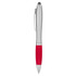 A silver stylus pen with a red grip and a shiny finish, featuring a clip and a logo.