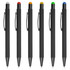 A series of black stylus pens featuring caps in grey, red, orange, yellow, green, and blue. Each has a clip and branding.