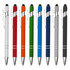 A collection of nine stylus pens in white, red, orange, green, blue, navy, grey, and black, each with a logo.