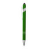 A green stylus pen with a silver clip and tip, featuring a sleek design and smooth grip.