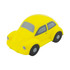 A yellow stress toy shaped like a classic car, featuring grey windows and black wheels. It has a simple design and a logo.