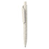 A white pen with a textured surface and a clip, featuring branding.