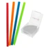 A set of four silicone straws in red, orange, blue, and green, housed in a clear case with branding.