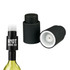 A wine stopper in matte black with a white interior, featuring a logo, designed for sealing wine bottles.