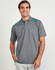 A grey men's polo shirt featuring contrast teal panels and a logo. Short sleeves and a classic collar design.