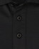 A black polo shirt featuring a collar and three buttons, designed with sustainable poly/cotton fabric and a logo.