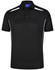 A black sustainable poly/cotton short sleeve polo shirt with white contrast stripes and a collar.