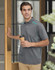 Men's short-sleeve polo in grey with teal contrast detailing, featuring a logo. Styled for a casual look.