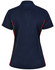 A navy blue polo shirt featuring contrast orange detailing and a logo on the back.