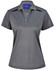 A grey ladies' polo shirt featuring a button-up front and contrasting black shoulder panels. It has a logo on the collar.