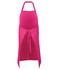 A bright pink apron with a tie closure and adjustable neck strap, featuring a branding logo.
