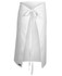 A white apron with a tie closure, featuring a sleek design and a branding label at the bottom.