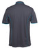 A grey polo shirt featuring blue piping along the seams and a branded logo on the back.