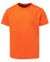 An orange T-shirt with a round neckline and short sleeves, featuring a logo on the label.