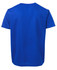 A blue T-shirt featuring a simple cut and short sleeves, with a logo on the back.