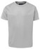 A grey short-sleeved T-shirt with a round neck and a logo on the label.