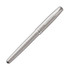 A brushed stainless steel rollerball pen with a sleek design and a brand logo on the clip.