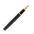A metal rollerball pen in black lacquer with gold accents and a branding logo.