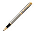 A metal rollerball pen in brushed stainless steel with gold accents, featuring a logo on the cap.