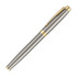 A metal rollerball pen in brushed stainless steel with gold accents and a clip. Features a sleek, elegant design.