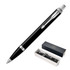A black ballpoint pen with a sleek design, accompanied by a gift box, featuring a logo on the box.