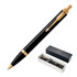 A ballpoint pen in lacquer black with gold accents, presented in a black box featuring branding.