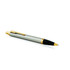 A ballpoint pen in brushed stainless steel with gold accents and a black tip, featuring a logo.