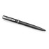 A black ballpoint pen with a metal finish and a silver clip, featuring branding on the body.