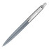 A metal ballpoint pen in matte grey with a silver detail and branding on the side.
