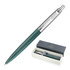 A metal ballpoint pen in matte green with a silver clip, presented in a stylish box featuring branding.