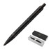 A ballpoint pen in achromatic matte black, displayed with a black presentation box featuring a logo.