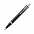 A matte black ballpoint pen with silver accents and a logo on the side.