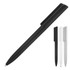 A ballpoint pen in matte black with a minimalist design, alongside white and silver variants. It features a logo.