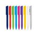 A collection of ballpoint pens in red, green, blue, purple, pink, yellow, white, and silver, featuring a logo on the silver pen.