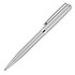 A silver ballpoint pen with a sleek metallic finish and a chrome clip, featuring a branding logo.