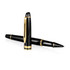 A black rollerball pen with gold accents, featuring a sleek design and a clip, displayed upright and tilted.