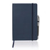 A navy A5 executive notebook journal with an elastic band closure and a pen attached. It features a smooth surface and a ribbon bookmark.