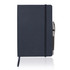 A dark blue A5 executive notebook journal with an elastic band and a silver pen attached.
