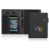 A black A5 journal with a magnetic closure features phone storage, card slots, and a pen. Includes a logo.