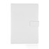 A white A5 notebook journal with a magnetic closure and a simple design. It features a logo on the front.