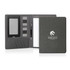 An A5 executive folder in dark grey with a pen, notepad, and multiple card slots. Features a logo.