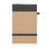 A spiral-bound notepad made of recycled paper, featuring a brown cover with a black top and an elastic band.