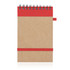 An eco notepad made of recycled paper, featuring a brown cover with a red top and a red elastic band.
