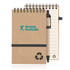 A spiral-bound notepad made from recycled paper with a brown cover and a black elastic band, accompanied by a pen.