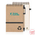 A recycled paper notepad, spiral bound with a kraft cover, accompanied by a pen and featuring a logo.