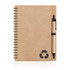 A recycled paper spiral-bound notebook in brown, featuring a pen attached and a recycling symbol.